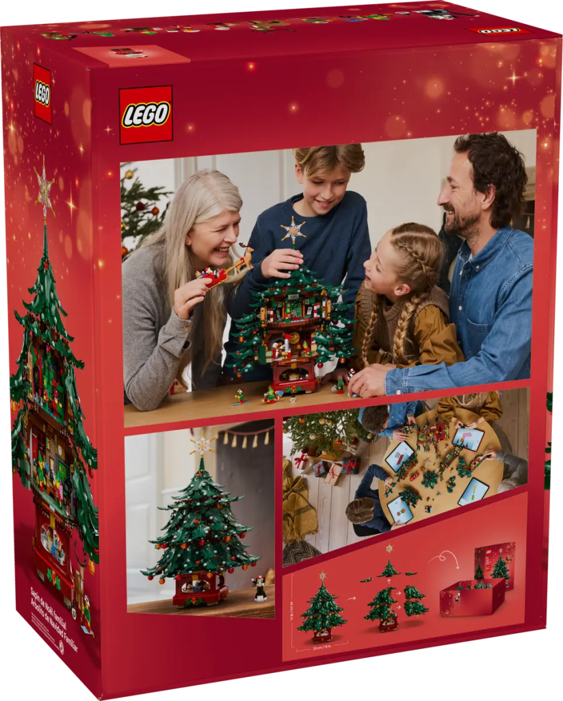 A box of a family building a christmas tree for LEGO Winter Village