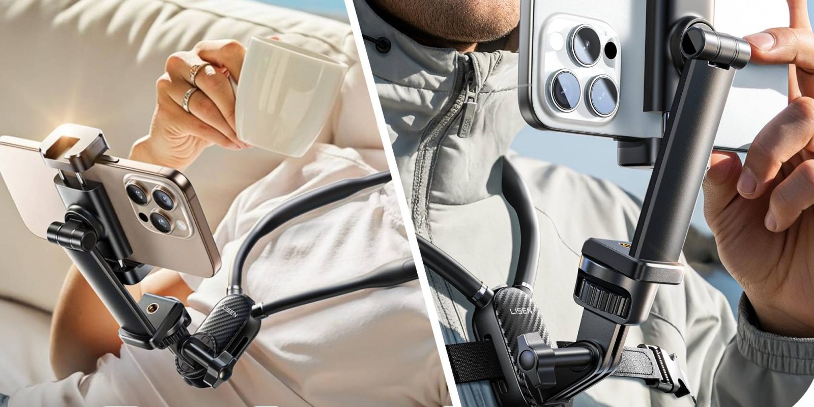 A collage of a man holding a cup and a phone