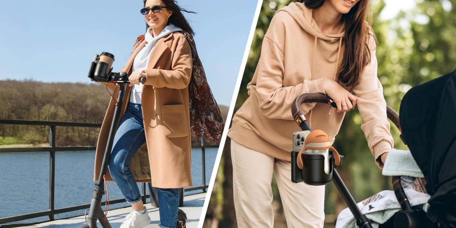 A collage of a woman riding a scooter