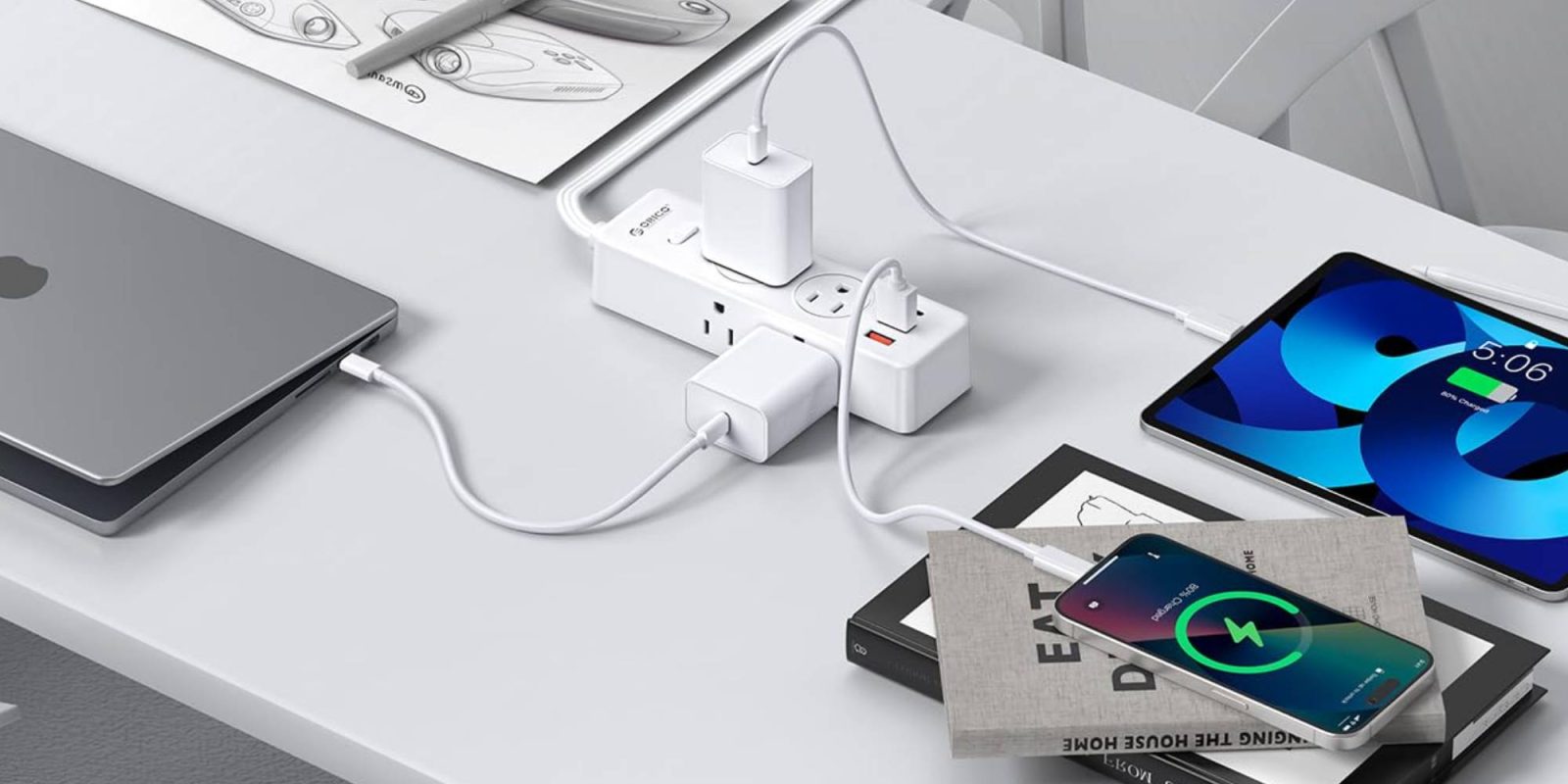 A power strip with a phone plugged into it