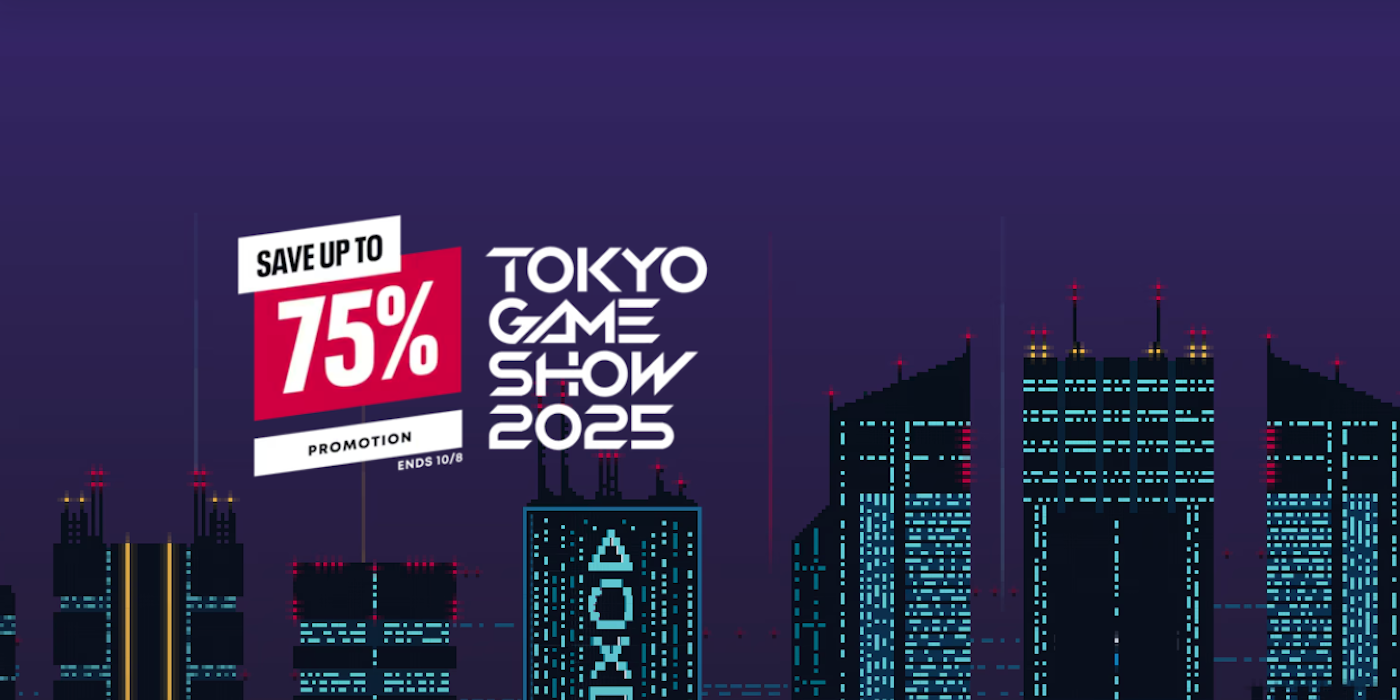 A video game advertisement with buildings in the background