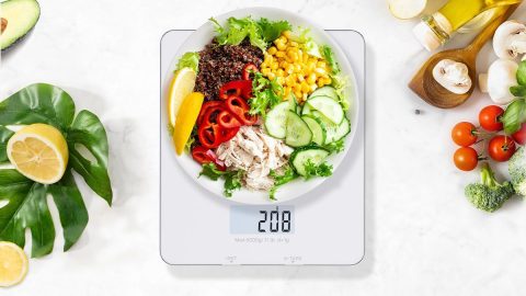 A plate of food on a scale