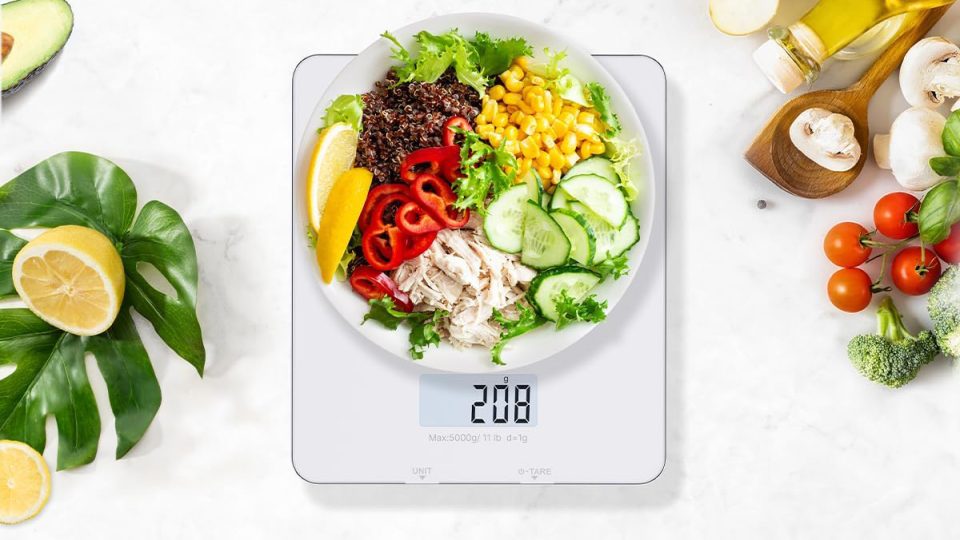 A plate of food on a scale
