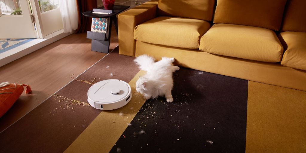 A white cat on the floor with a robot vacuum cleaner