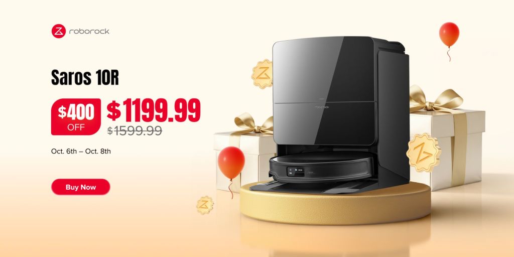 A black robot with a gold box and a balloon