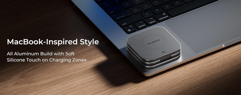 A laptop with a square device on it