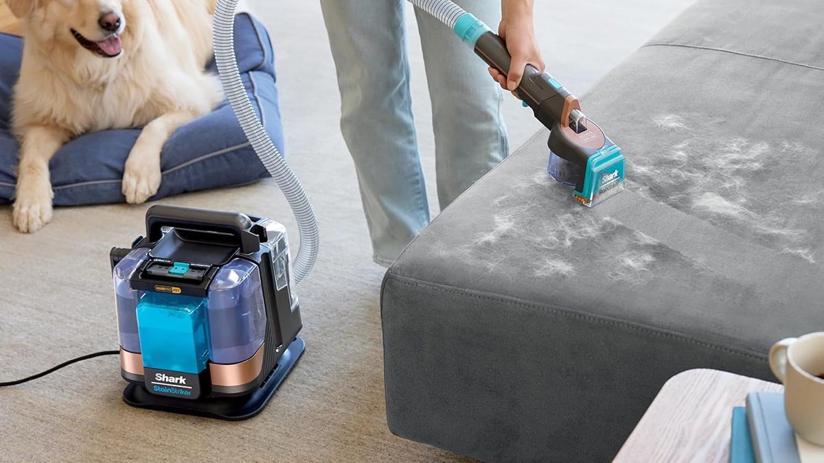 A person vacuuming a couch