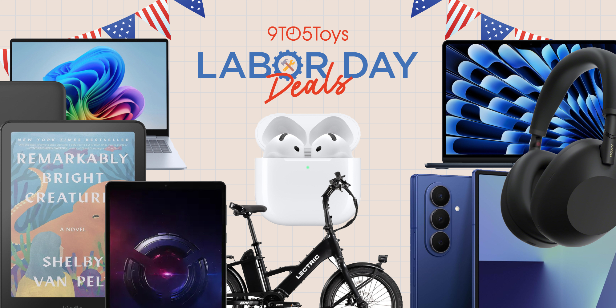 A group of electronics on a grid