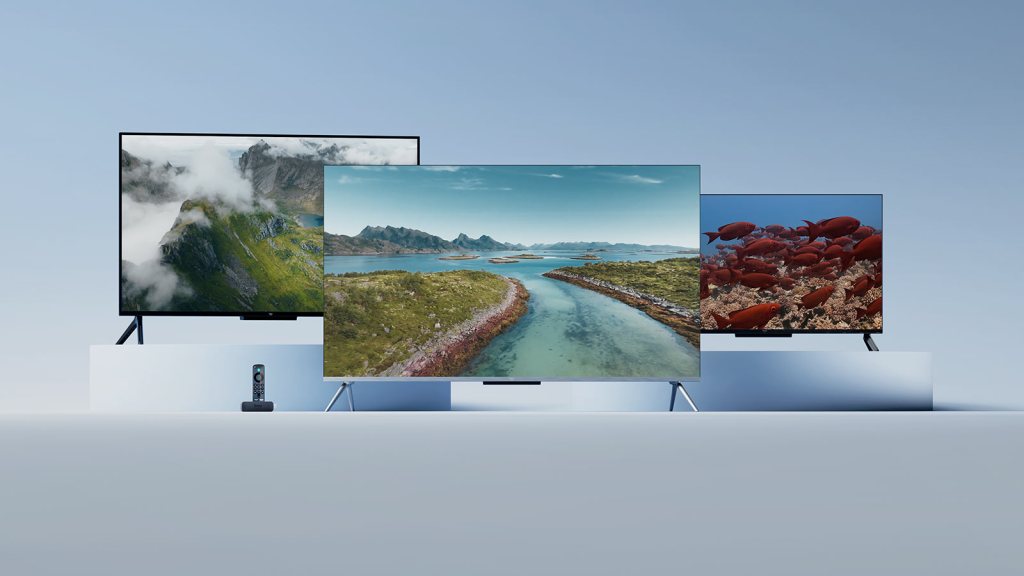 A group of screens on a table