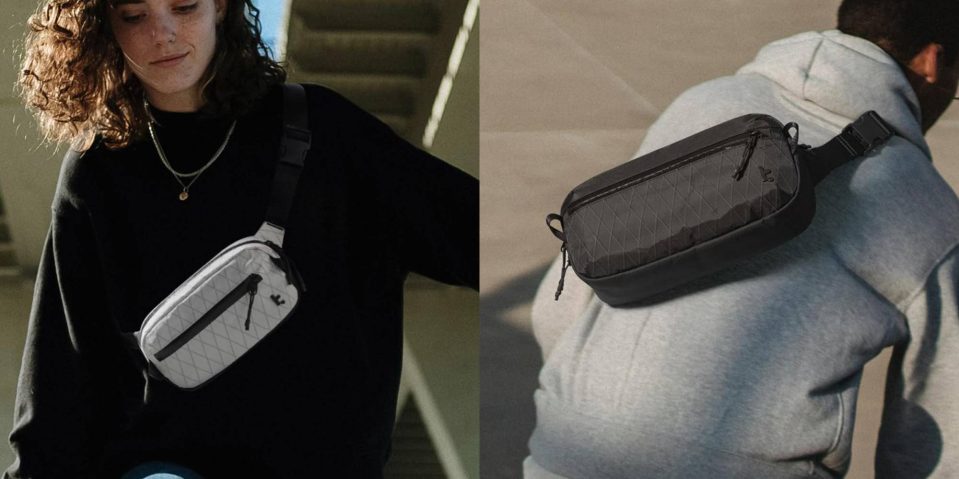 A woman with a bag on her chest