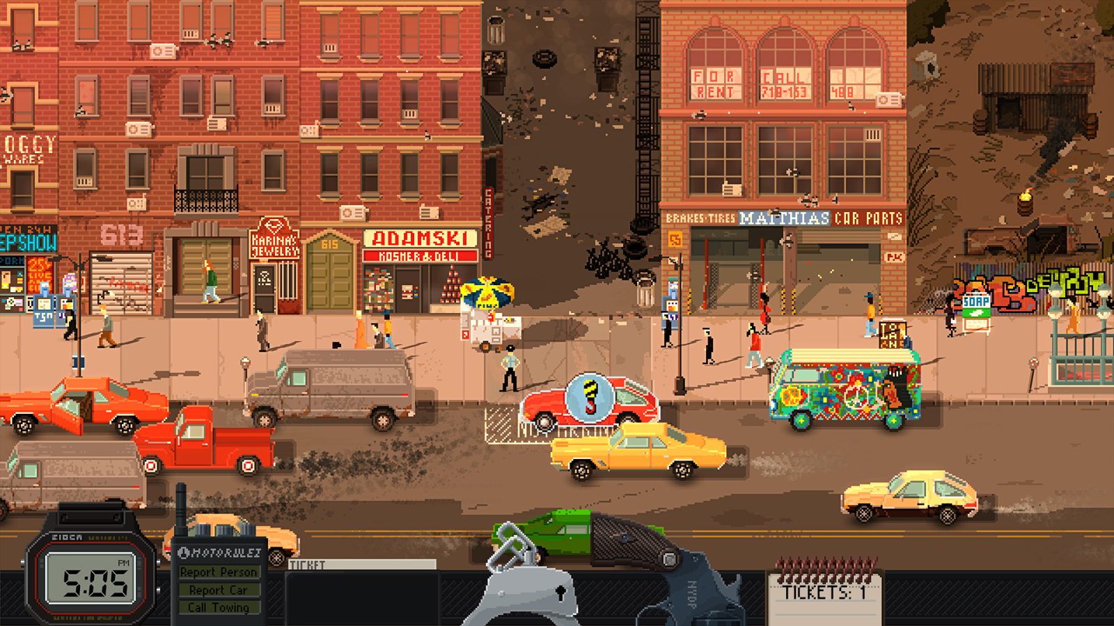 A video game screen with cars and buildings
