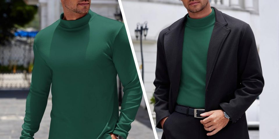 A collage of a man in a green turtleneck and a black jacket