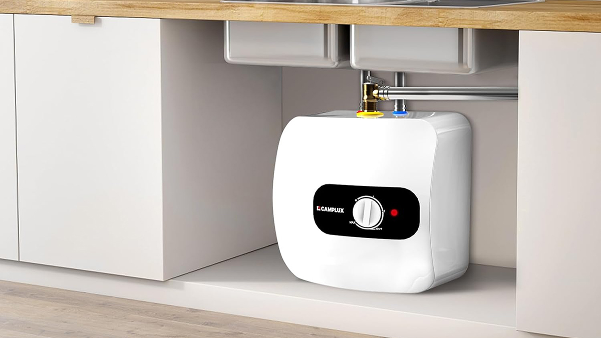 A white square object with a knob and a silver pipe under a counter