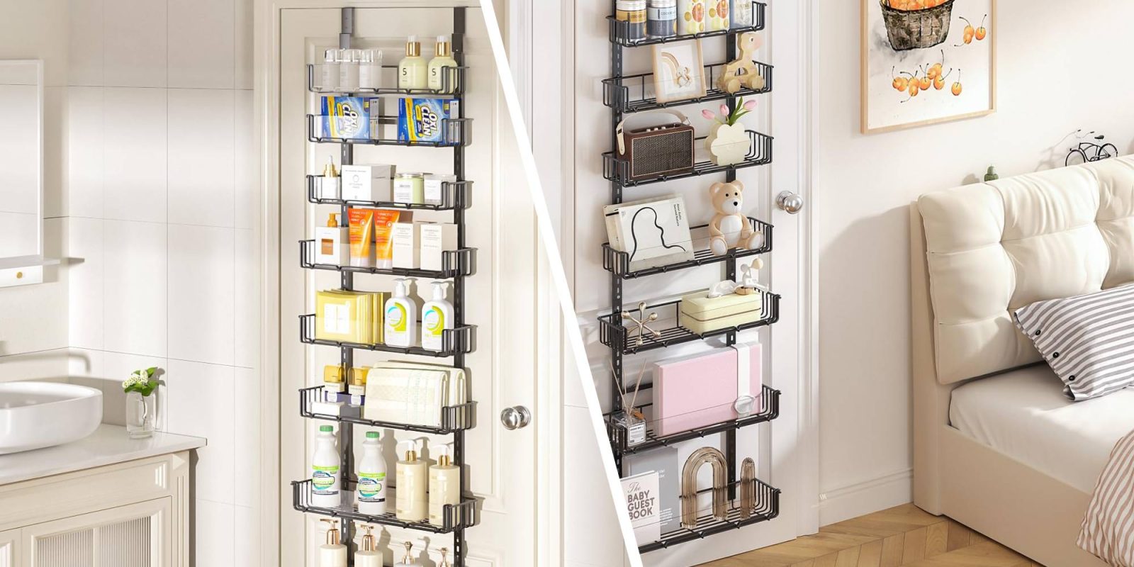 A door with a shelf and a shelf with items on it