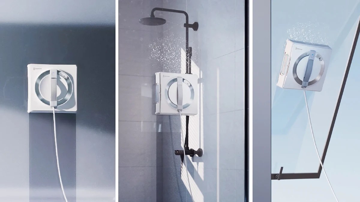 A shower with a shower head and a white box