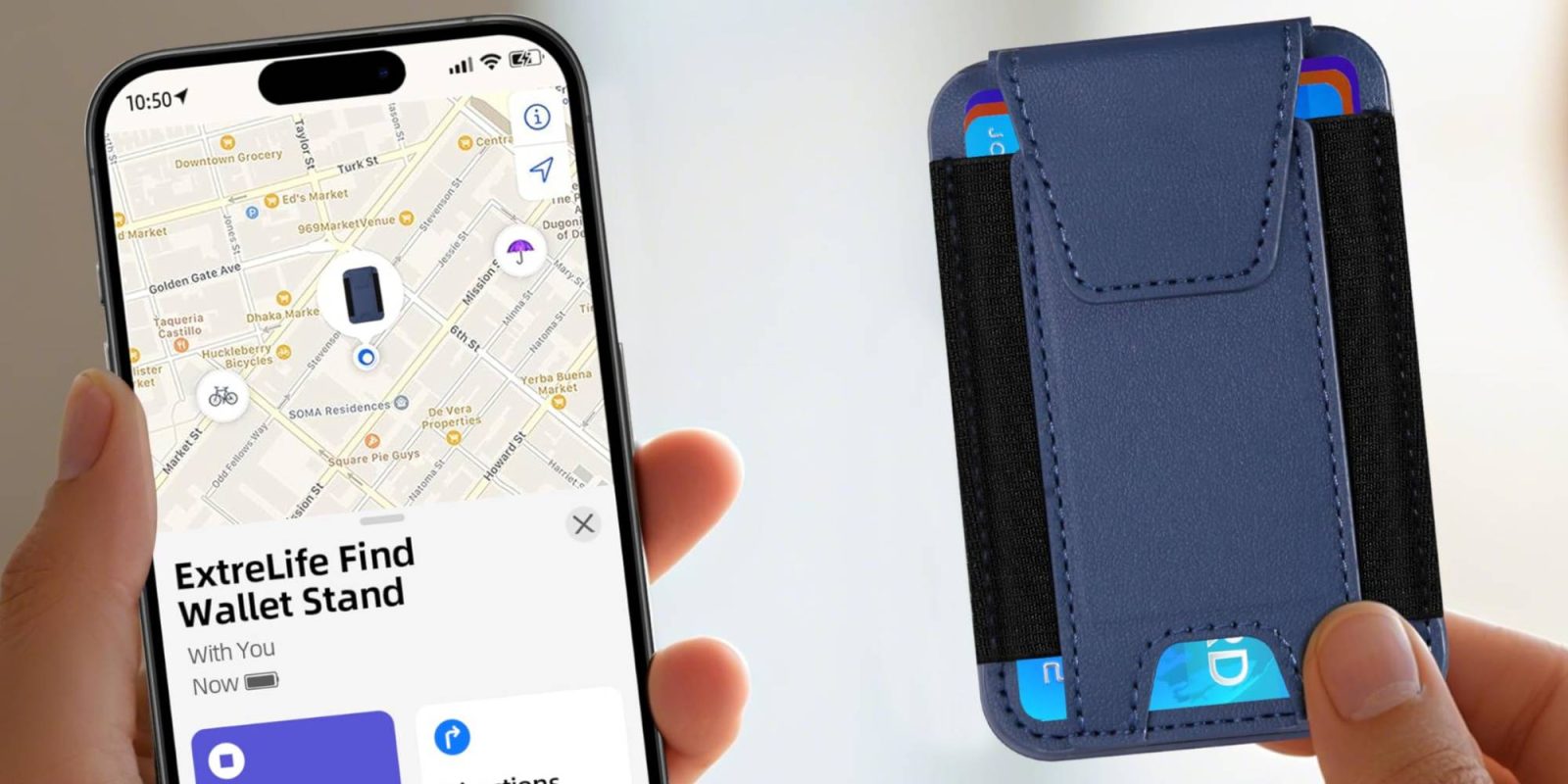 A hand holding a phone and a wallet