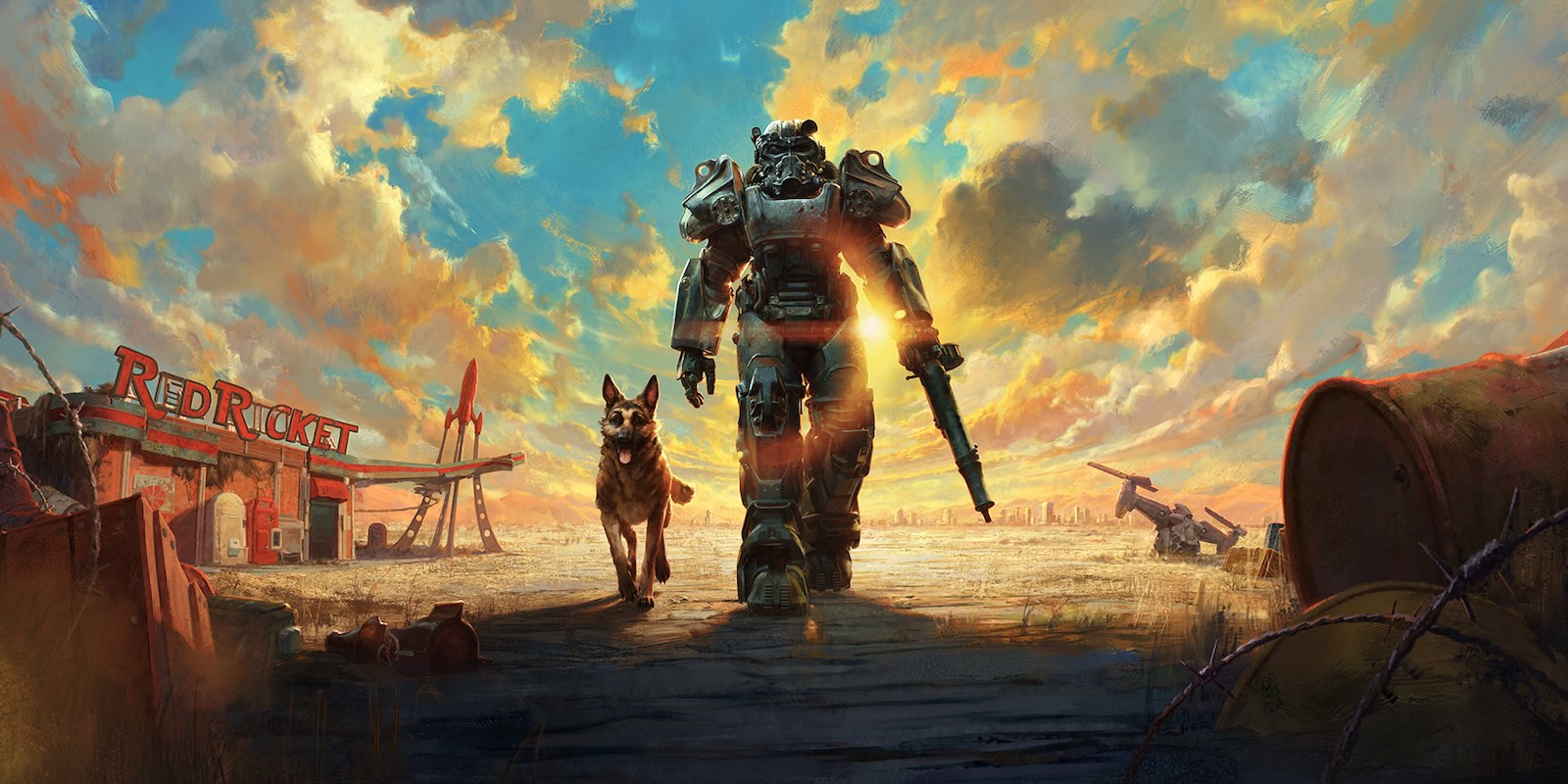 A video game art of a robot and a dog