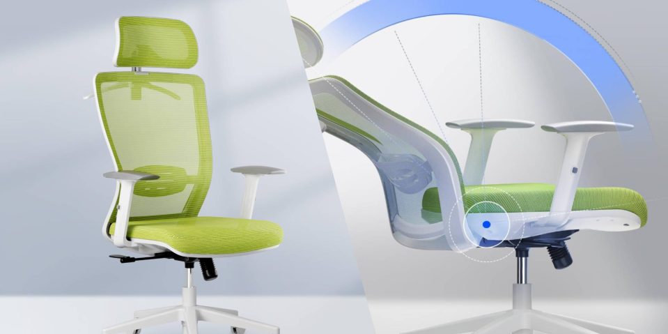 A green and white office chair