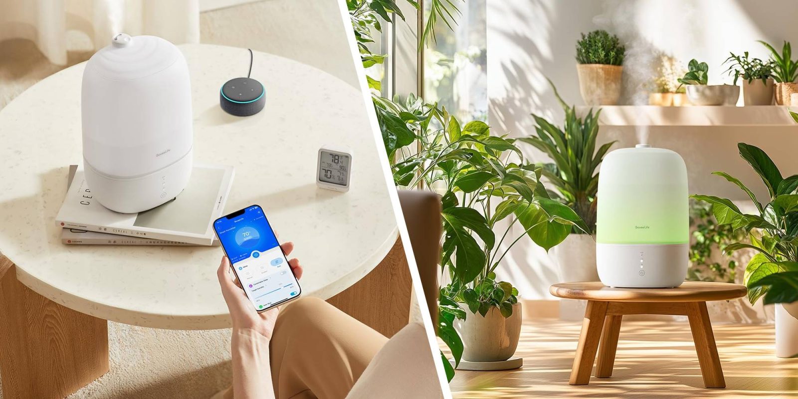 A collage of a woman holding a phone