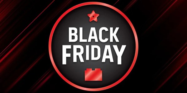 A black and red circle with white text