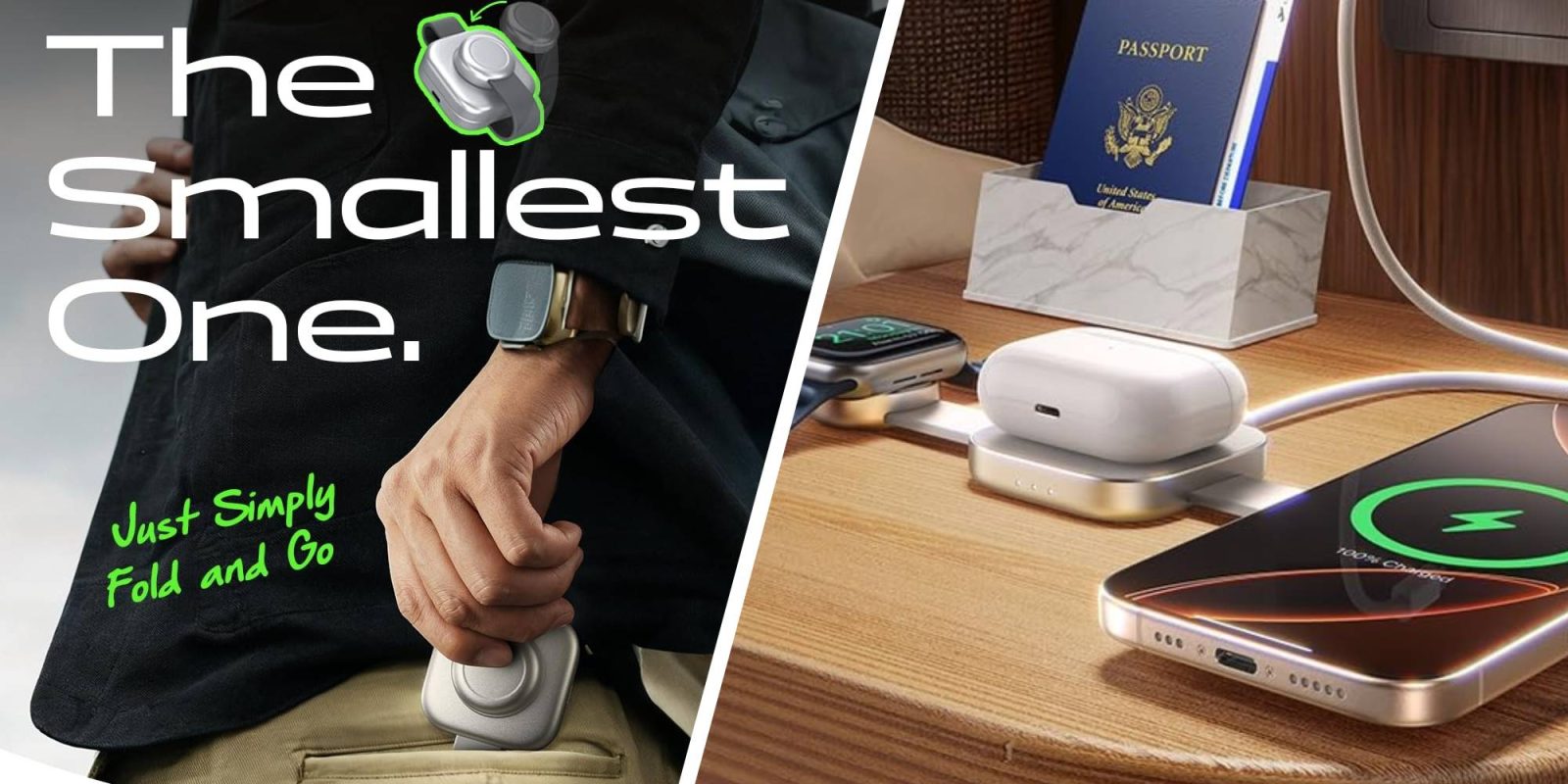 A collage of a person holding a device