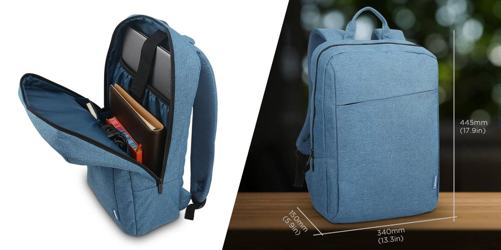 A blue backpack with a laptop and a black bag