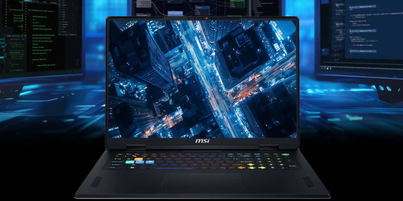 A laptop with a city on the screen