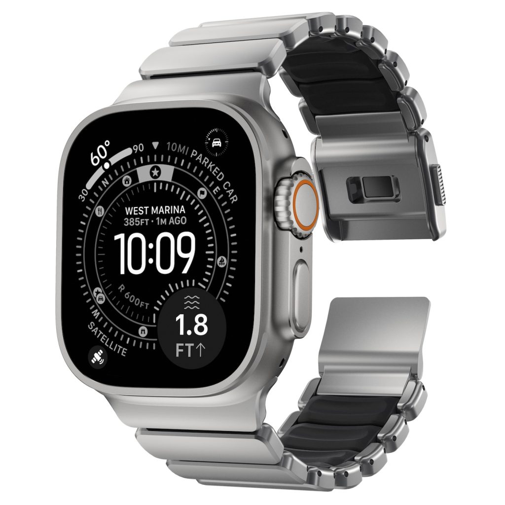 A smart watch with a silver band
