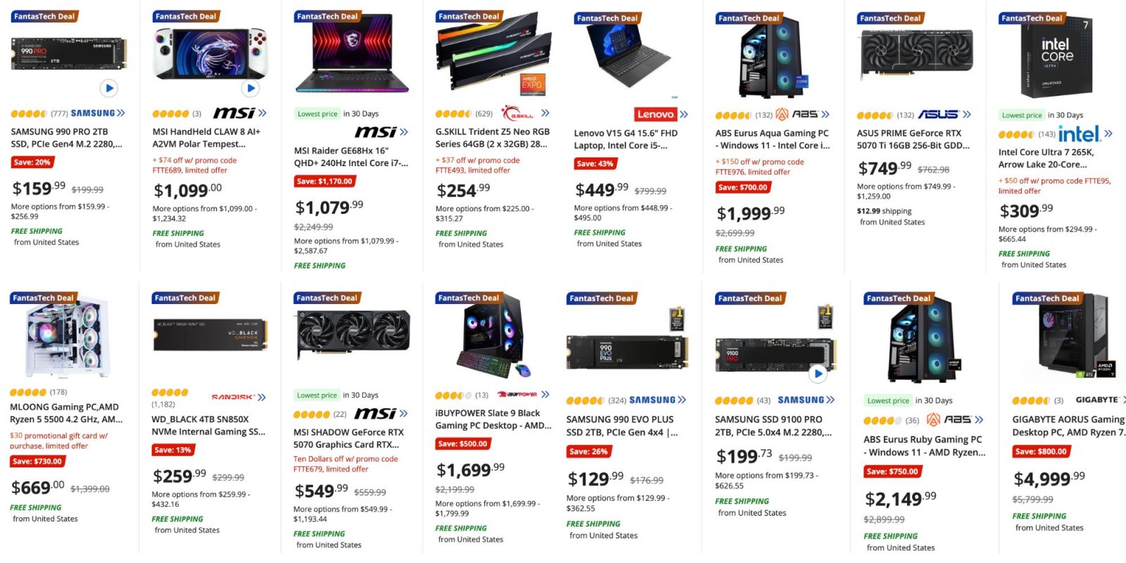 Image showing listings from Newegg's Fantastech sale.