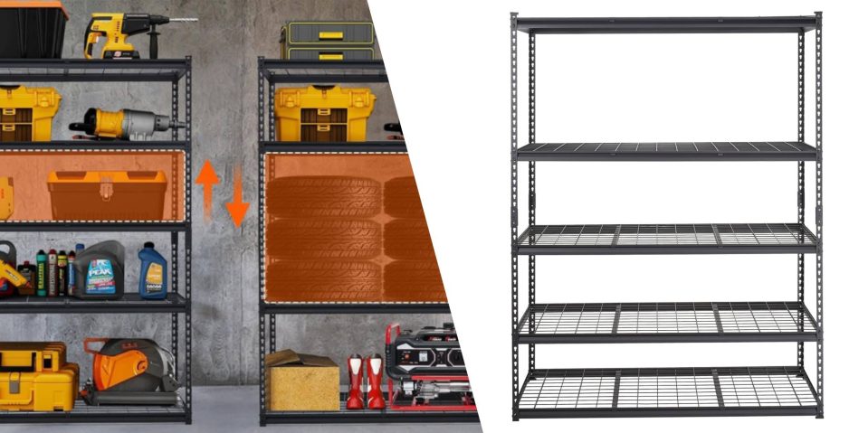 A black metal shelving unit with a yellow box and a yellow rubber boots