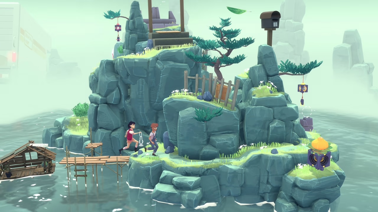 A video game screen with a couple of girls running on a rock island