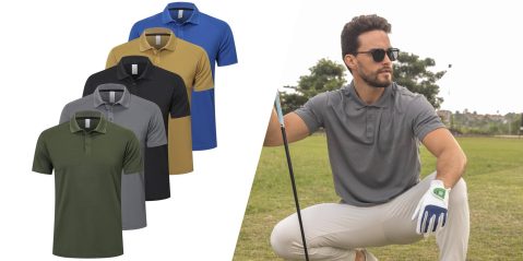 A man squatting on a golf course