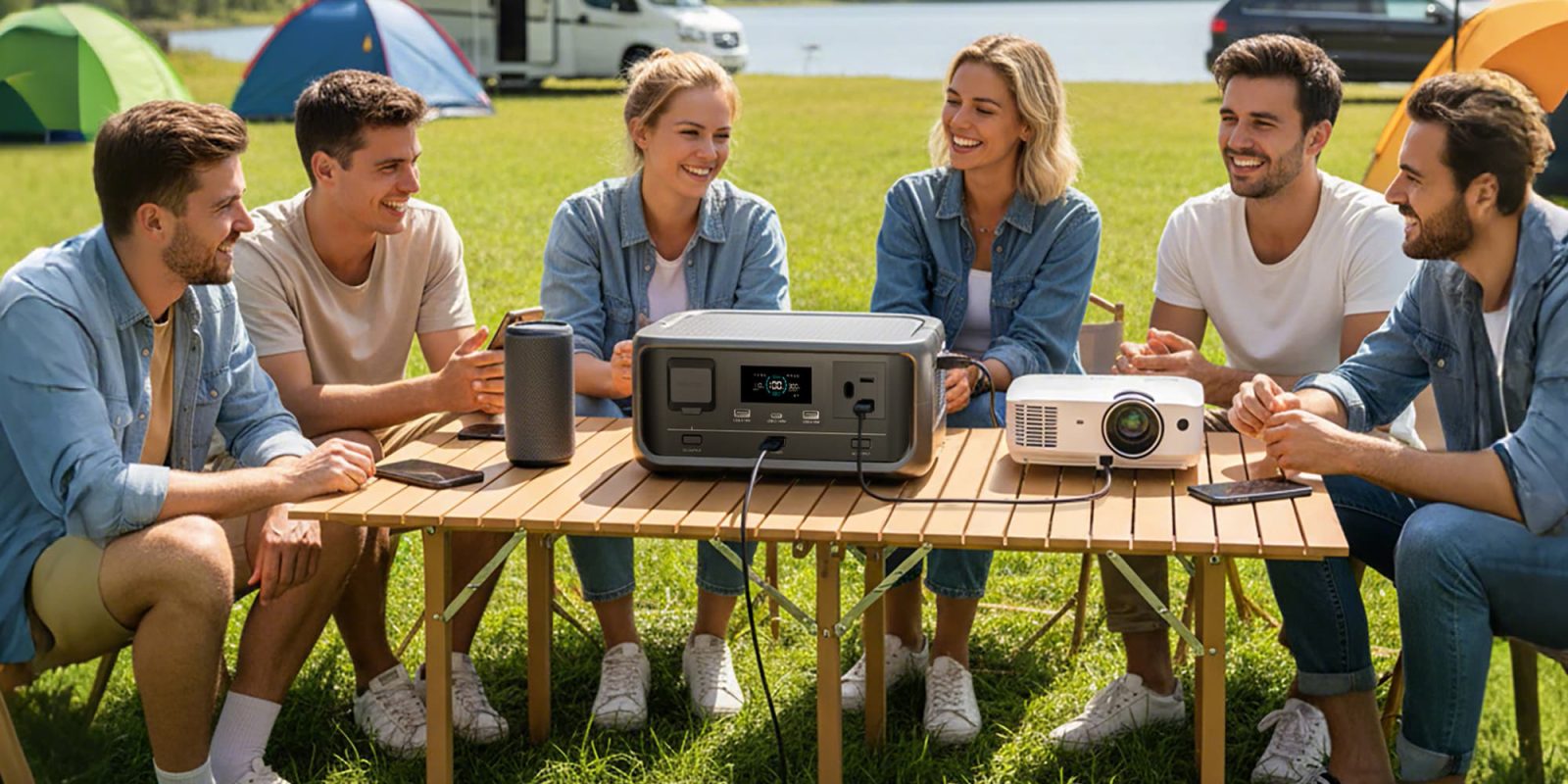 A group of people sitting at a table with a projector