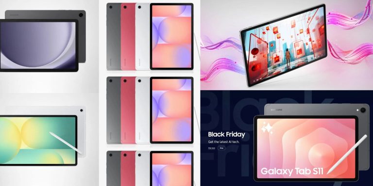 A collage of different Android tablets from Lenovo and Samsung.