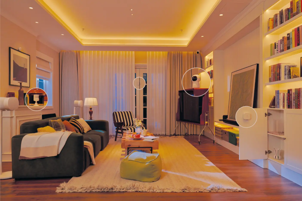 A room with a couch and a television