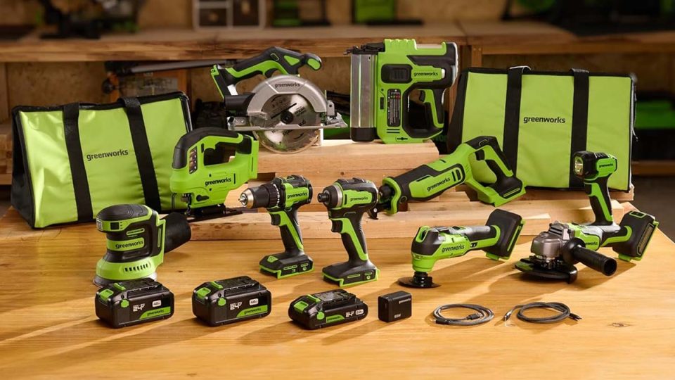 A group of green and black power tools