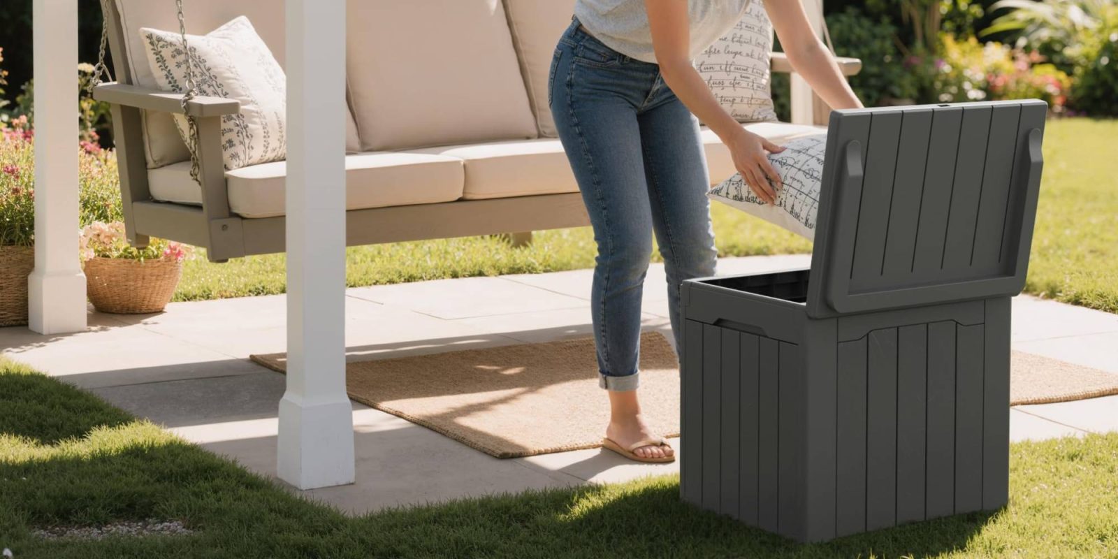 A woman putting a pillow in a trash can