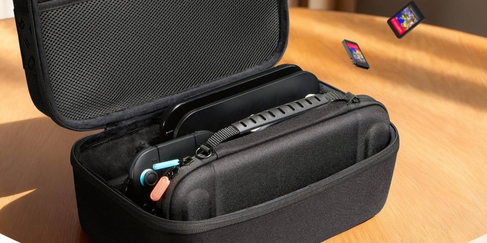 A black case with a game controller and a remote