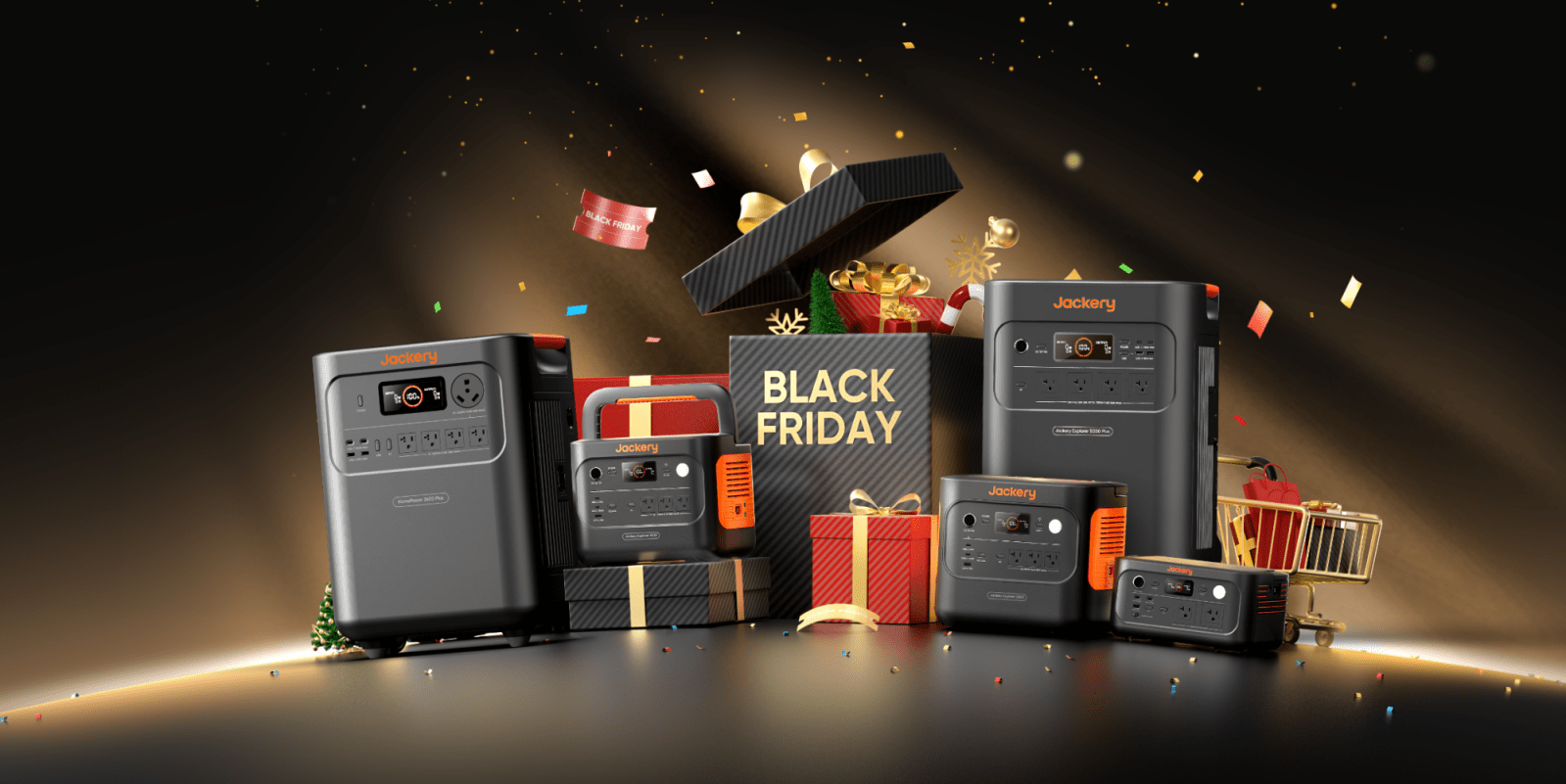 A group of electrical devices with a box of presents