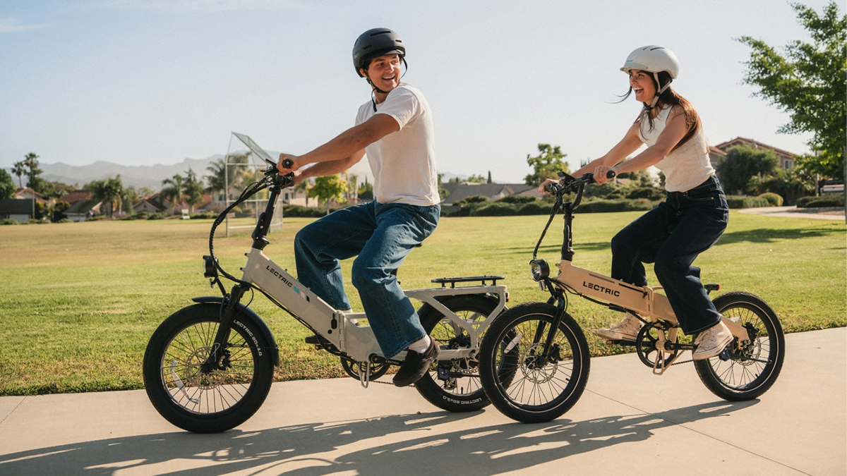 A man and woman riding bicycles