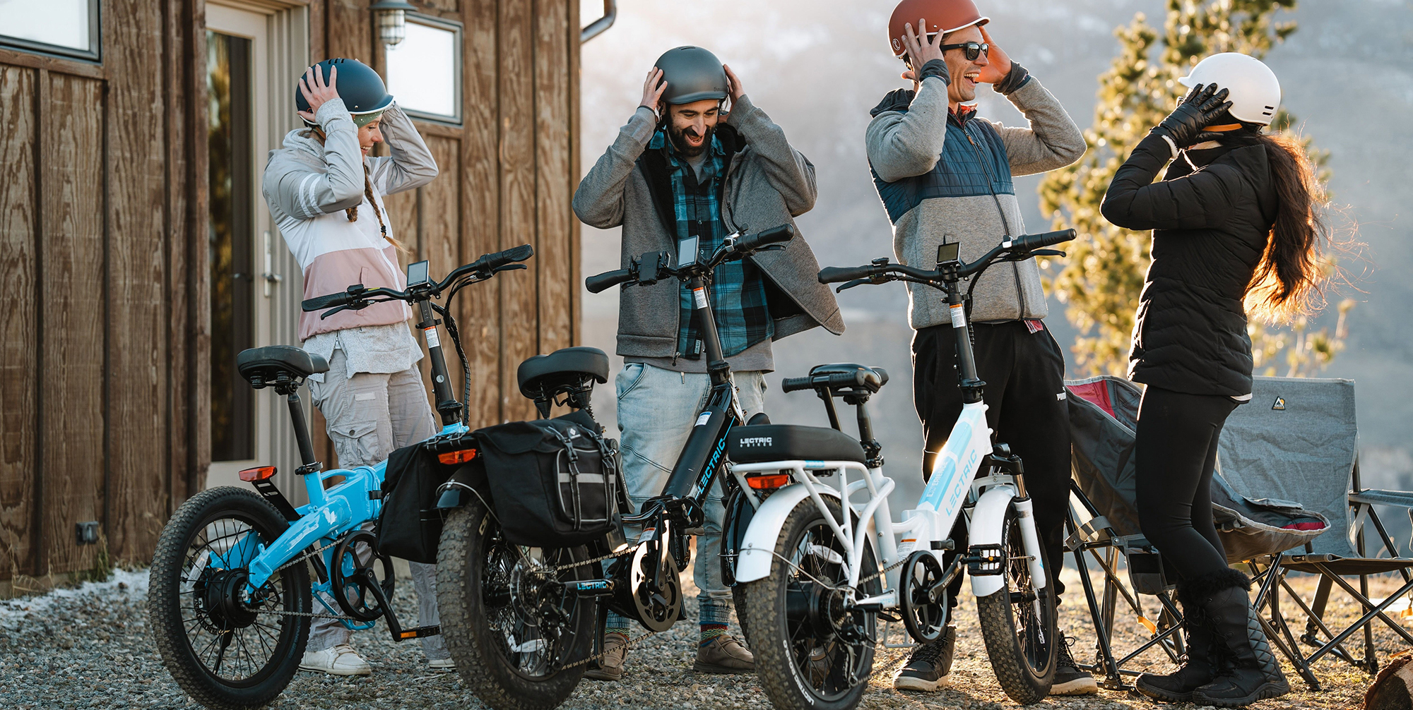 A group of people with helmets and bikes