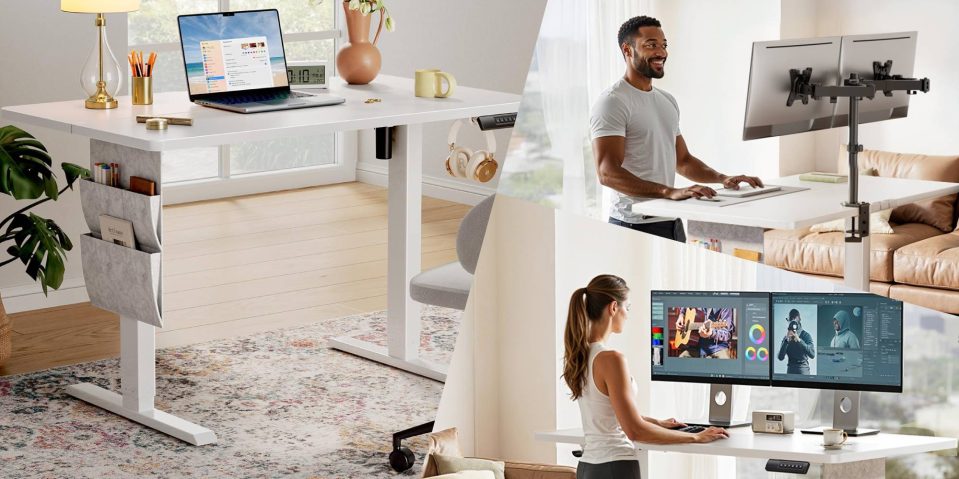A collage of a man and a woman working on a computer