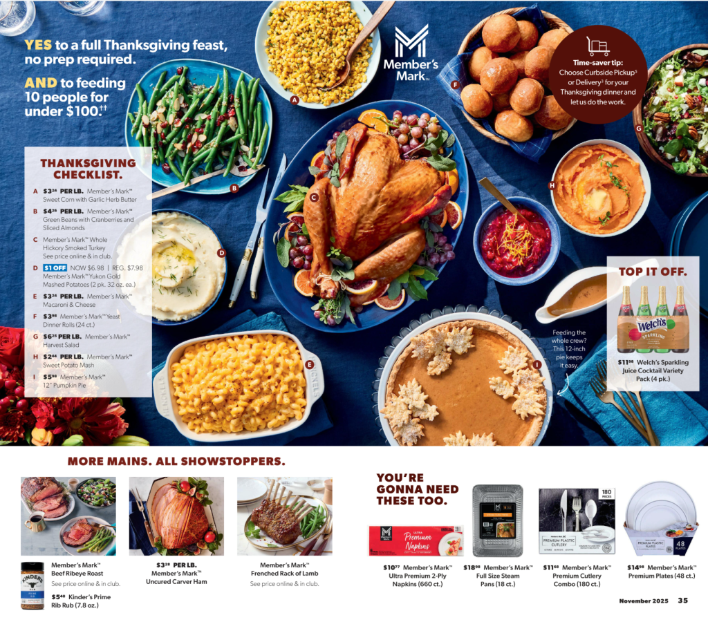 A thanksgiving dinner menu with a turkey and other foods