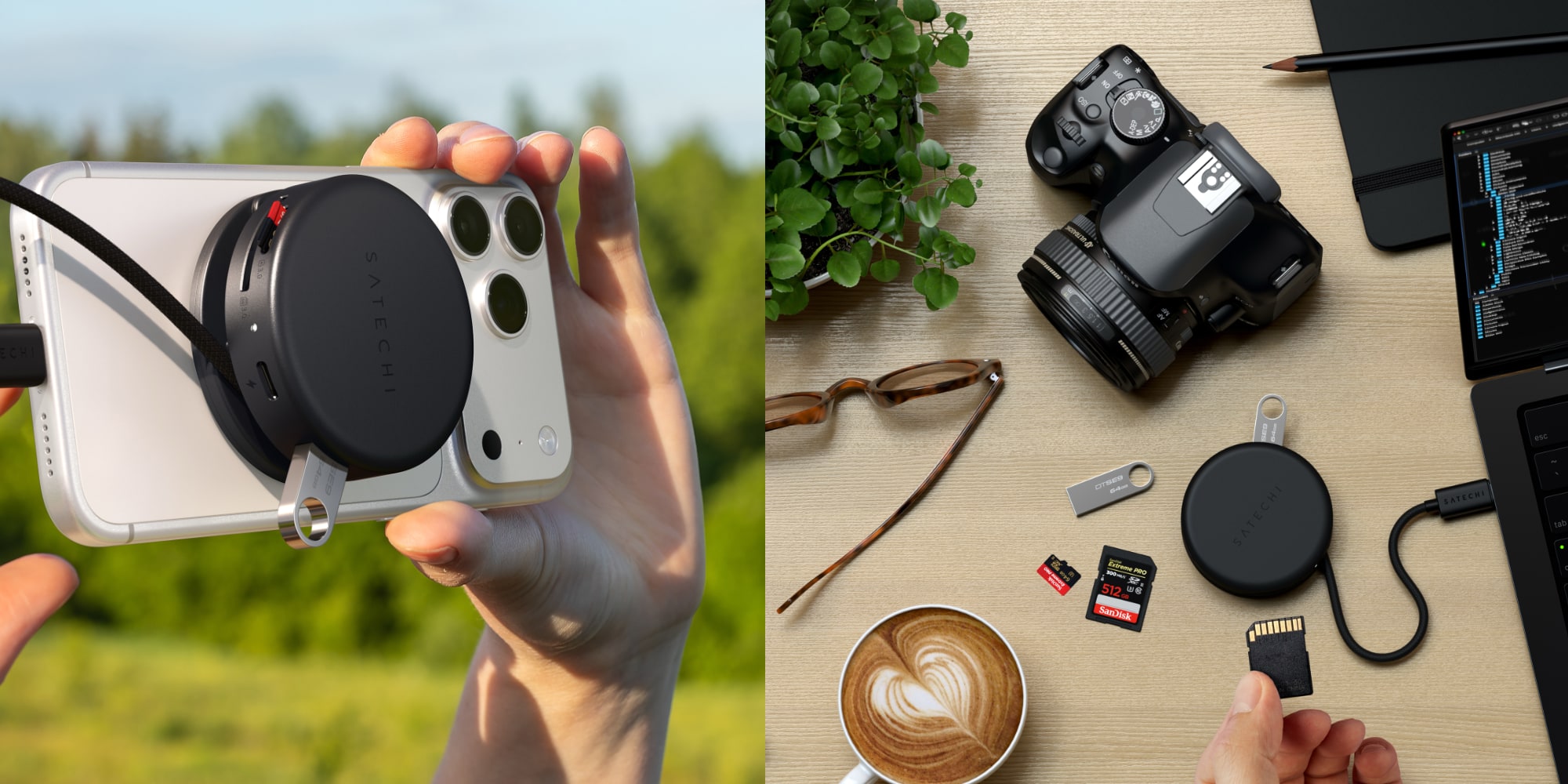 A hand holding a camera and a cup of coffee