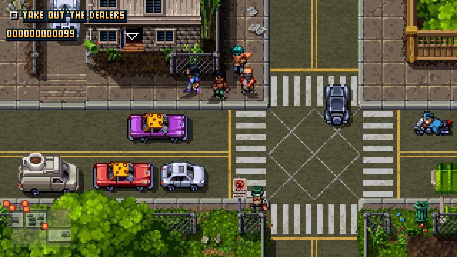 A video game screen shot of a street with cars and people