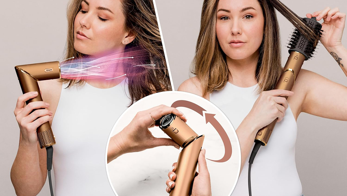 A collage of a woman using a blow dryer