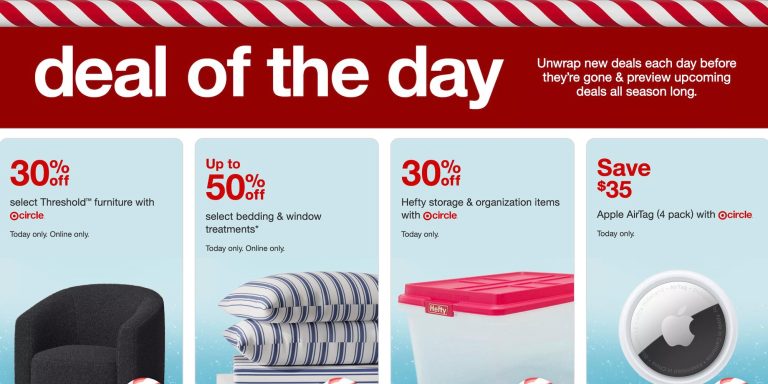 A red and white advertisement with red and white striped text