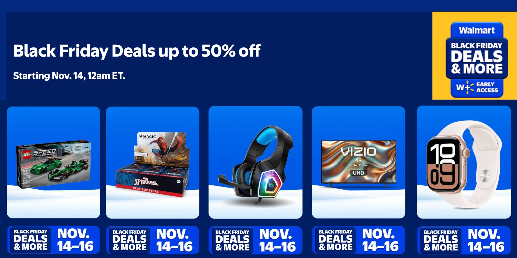 A blue and white advertisement with a variety of electronics