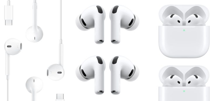 A collage of white earbuds
