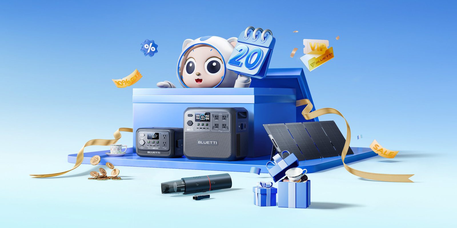 A cartoon character in a blue box with a blue background